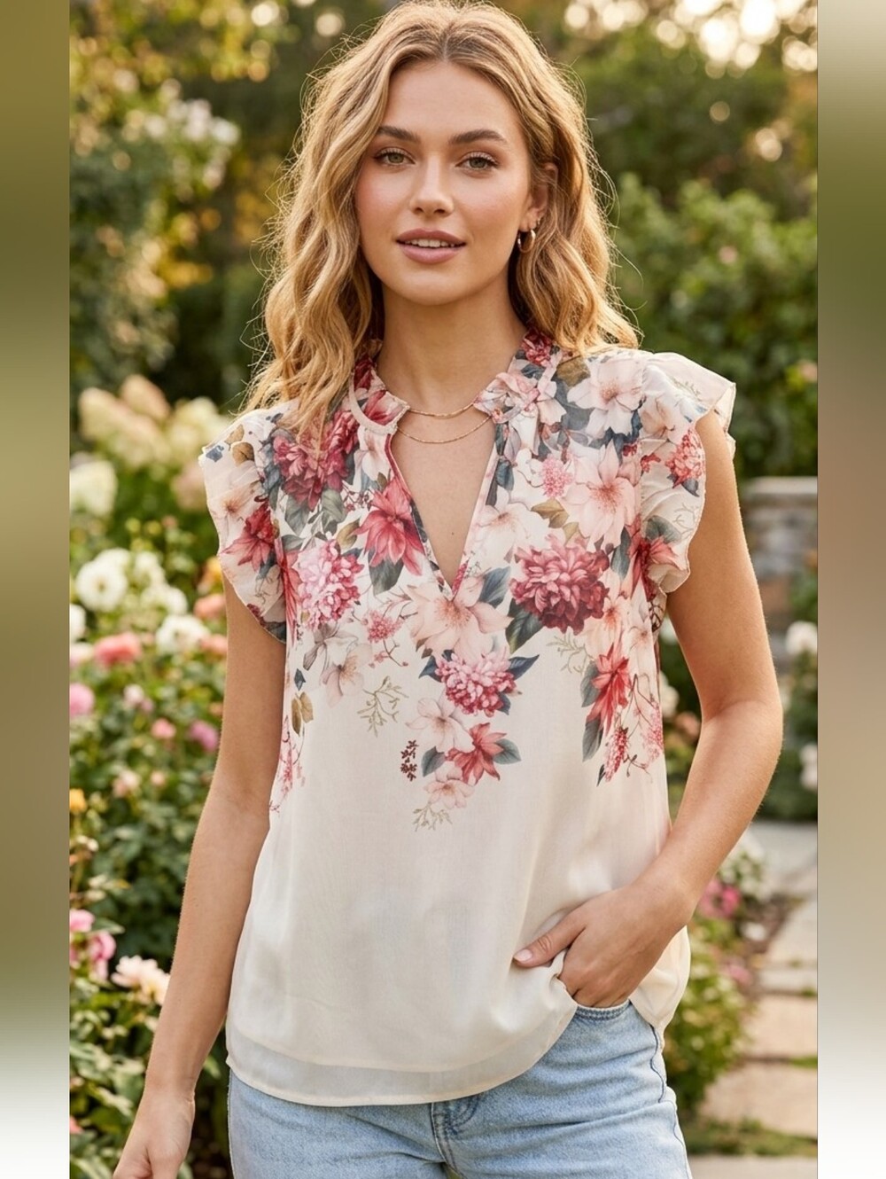 Autres Filles Floral Flutter Sleeve Boho Flowy Top, Prairie Blouse, Size S